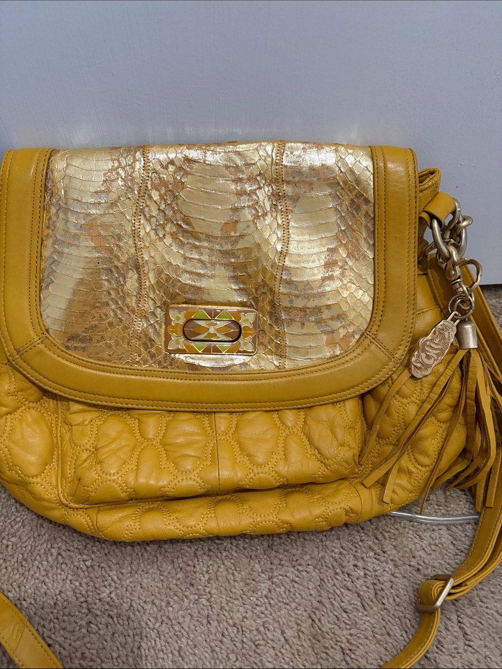 Chi Mustard Yellow Leather Shoulder Bag with Gold Accent